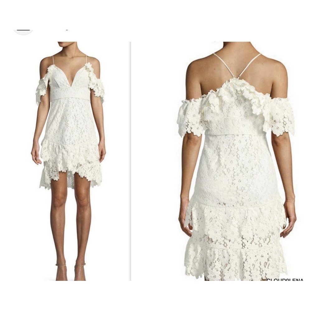 Saylor Dana Dress in White Cream Coated Lace Off the Shoukder Ruffled Size M - Picture 2 of 7